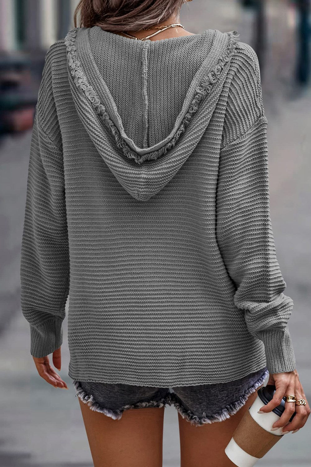 V Neck Ribbed Drop Shoulder Hooded Sweater