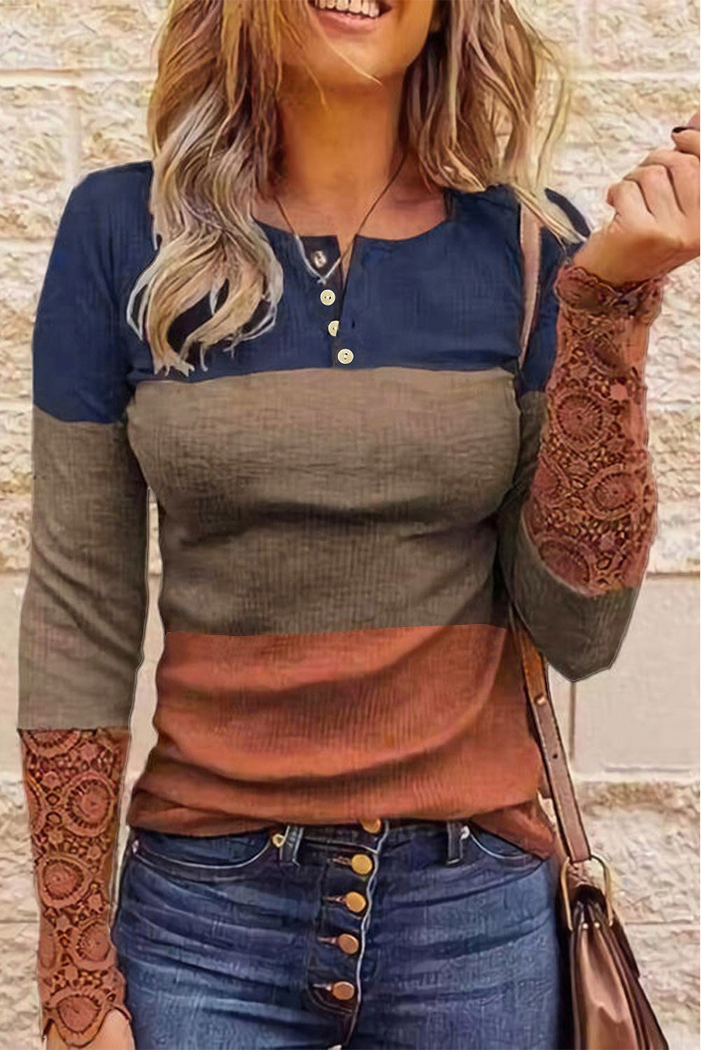 Ribbed Lace Splicing Color Block Top
