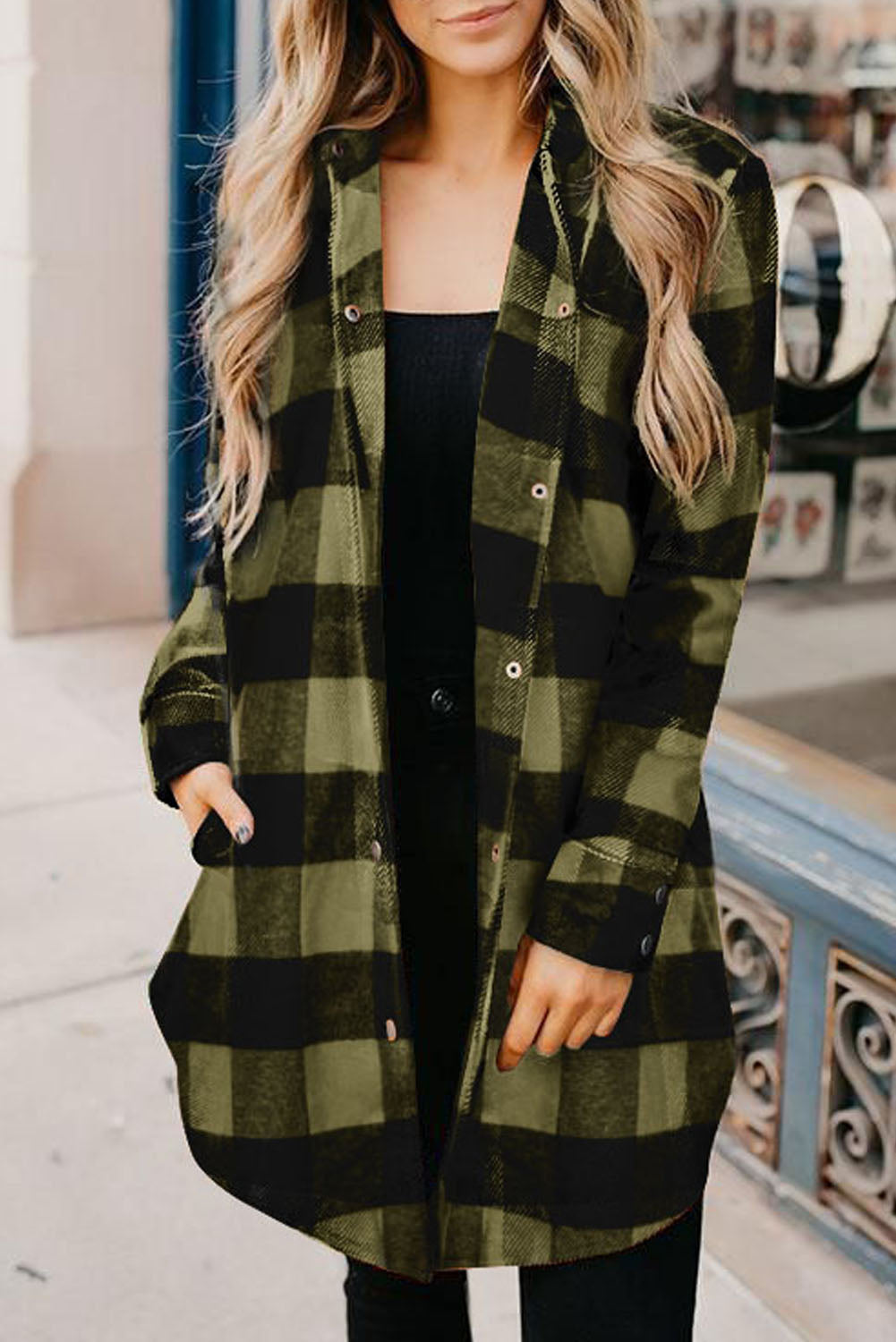 Turn-Down Collar Plaid Long Sleeve Coat