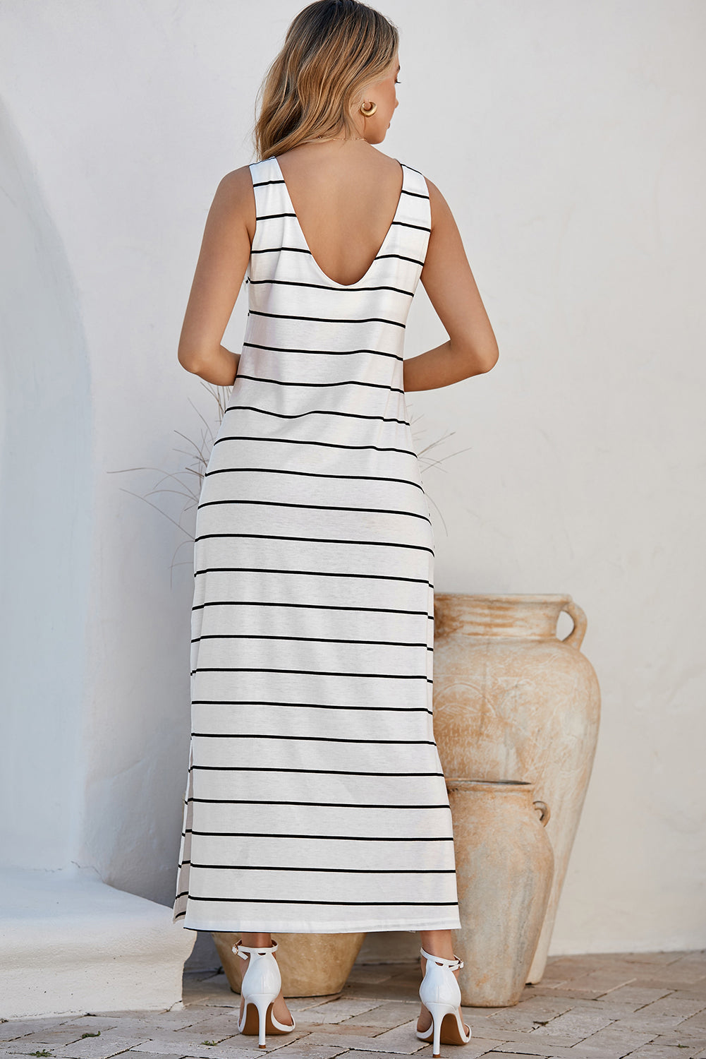 White Stripe Print Open Back Sleeveless Maxi Dress with Slit