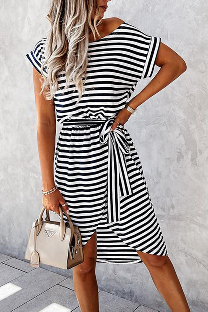Black Stripe Short Sleeve Belted Wrapped Hemline T-Shirt Dress