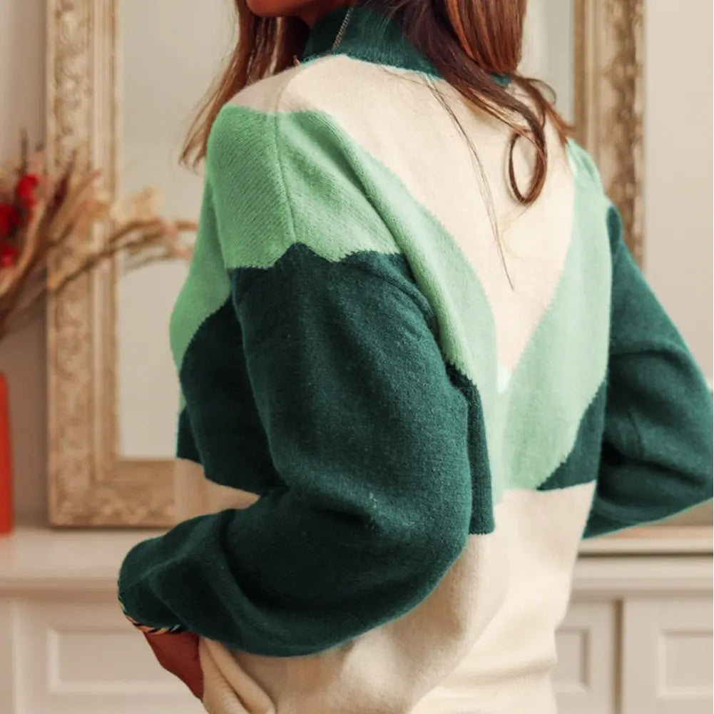 Green Geometric Color Block Knit Button V Neck Sweater