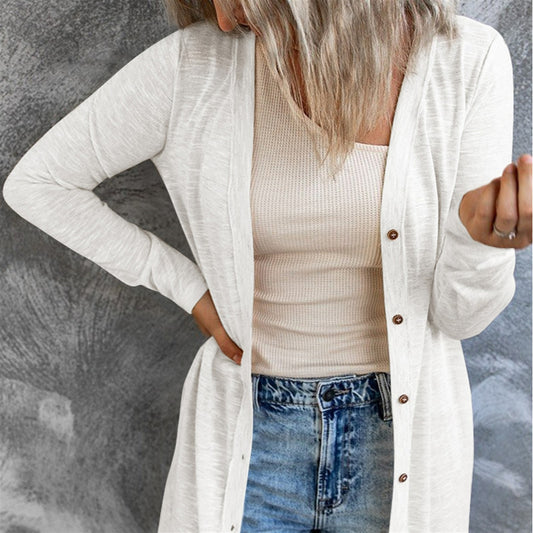 White/Brown Solid Color Open-Front Buttons Cardigan