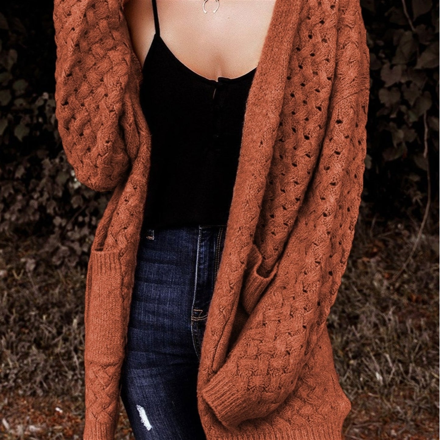 Open Front Knitted Cardigan With Pockets