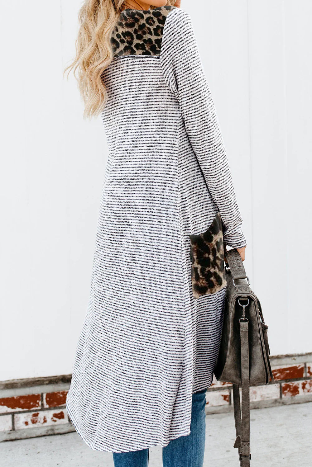 leopard Long Striped Cardigan with Pockets