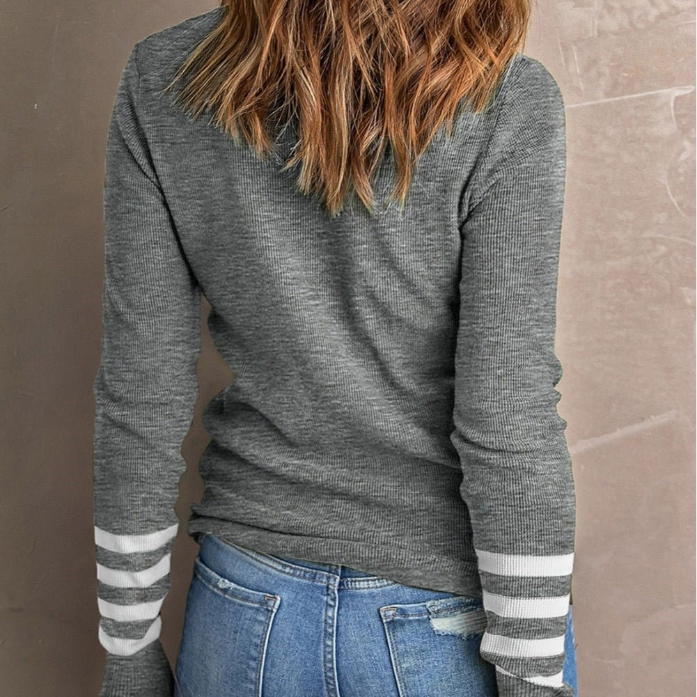 Gray Striped Sleeve Plain Knit Sweater